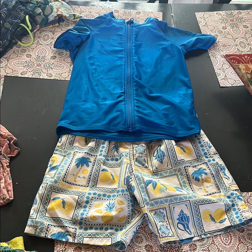 SwimZip Blue Zip-Up Rash Guard with Patterned Swim Shorts